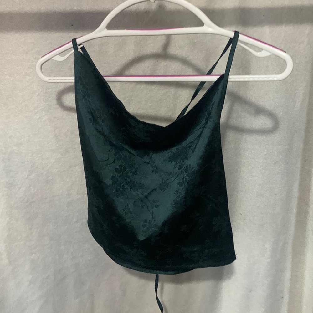 Green Jacqard Print Cowl Neck Tank Top Back Tie